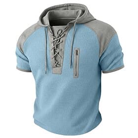 Men's Waffle Henley Shirt Tee Top Short Sleeve Hooded Lace Up Neck Summer Spring All Seasons Solid Color Fashion Designer Casual Color Block Casual Daily Outdo