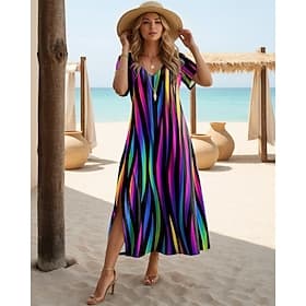 Women's Maxi Dress A Line Dress Casual Daily Regular Fit Geometric Short Sleeve V Neck Black White Orange Green Summer Spring