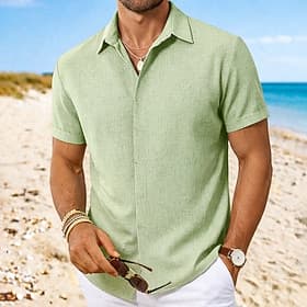 Men's Shirt Linen Shirt Summer Shirt Button Down Shirt Casual Shirt Beach Shirt Plain Casual Daily Blue Black Pink Green Short Sleeve Collar Summer Clothing Ap
