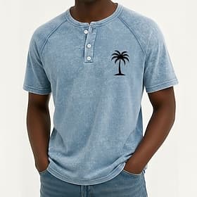 SoftFade™ Men's Coconut Tree Vintage Tee Henley Top Washed Shirt Short Sleeve Vintage Designer Daily Outdoor Summer Spring Light Blue Purple Gray Henley Henley