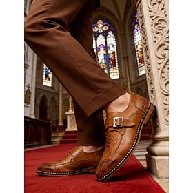 Men's Brown  Monk Strap Dress Shoes, Polished Finish, Buckle Closure, Classic Formal Style for Weddings, Church  Formal Events