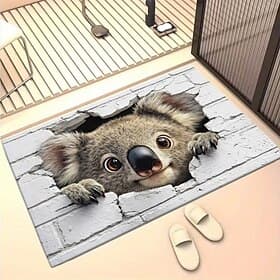 Doormat 3D Optical Illusion 2D Flat Print Adorable Koala Peeking Through Cracked Brick Wall Animal Design Entry Rug