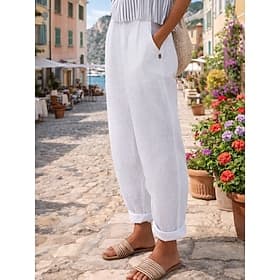 Women's Cotton Linen Pants Chinos Summer Pants Pants Trousers Vacation Streetwear Basic Full Length Medium Waist Plain Pocket Comfy Comfort Breathable Inelasti