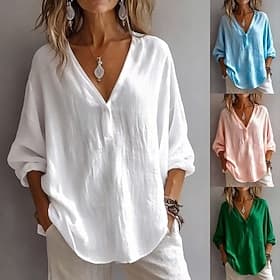 Women's Shirt Cotton Linen Shirts Blouse Solid Color Vintage Stylish Modern Long Sleeve V Neck Regular Tops Daily Holiday Going out White Pink Sky Blue Spring