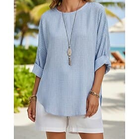 Women's Linen-feel Shirts Blouse Asymmetric Hem Striped Vintage Casual Long Sleeve Crew Neck Regular Tops Daily Holiday Going out Light Grey Light Blue Summer