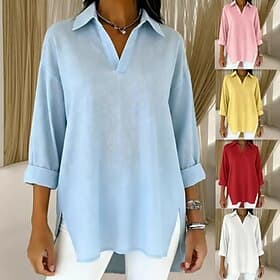 Women's Popover Shirt Casual Shirt Blouse Solid Color Vacation Stylish Basic Long Sleeve Turndown V Neck Regular Tops Daily Outdoor Work Blue White Yellow Pink