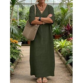 Women's Maxi Dress Cotton Blend Shift Dress Casual Dress Basic Casual Daily Vacation Regular Fit Plain 3/4 Length Sleeve V Neck Red Khaki Army Green Dark Blue