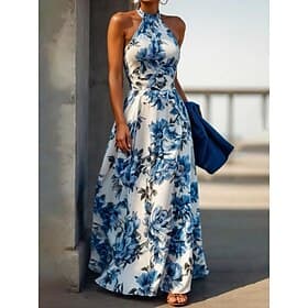 Women's Maxi Dress A Line Dress Halter Dress Vacation Casual Outdoor Going out Loose Fit Floral Sleeveless Halter Neck Blue Summer Spring