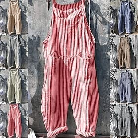 Women's Normal Jumpsuit Active Striped Sleeveless U Neck Pocket Daily Vacation Regular Fit Blue Yellow Pink Fall