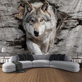 3D Wolf Tapestry Wall Hanging Realistic Timber Wolf Emerging From Wood Wall Decor Large Fabric Poster for Living Room Bedroom Man Cave