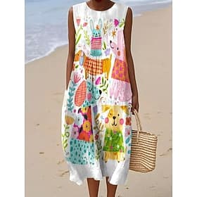 Women's Midi Dress Linen Like Sundress Shift Dress A Line Dress Vacation Casual Boho Beach Going out Loose Fit Graphic Geometric Sleeveless Crewneck White Summ