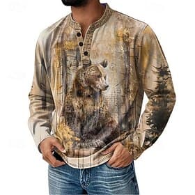 Men's Graphic Animal Henley Shirt Long Sleeve Fashion Daily Retro Vintage Casual Holiday Going out Fall  Winter Fall Spring   Fall Blue Purple Khaki Gray Henle