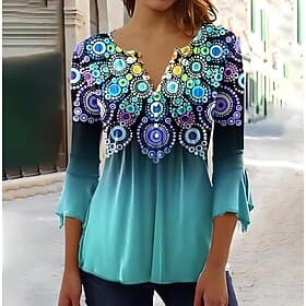 Women's T-Shirt  Ombre Floral Graphic Elegant Vintage Stylish 3/4 Length Sleeve V Neck Long Tops Daily Going out Buttons Blue Green / Blue Pink Summer Spring