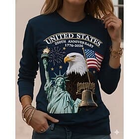 Independence Day American Anniversary Patriotic Women's T Shirt Graphic Vintage Fashion Stylish Long Sleeve Crew Neck Round Neck Daily Weekend Print Blue Black