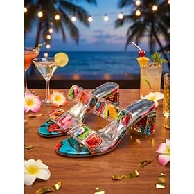 Women's Crystal-Embellished Heeled Sandals, Elegant Beaded Detailing, Adjustable Straps, Comfortable Footwear for Resort Evenings