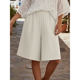 Damen Hose in Leinenoptik Bermudashorts Caprihose Weites Bein Basic Lässig Boho Knielang Mittlere Taillenlinie Einfach Elastischer Bund Komfort Unelastisch Täg