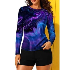 Women's Regular Rash guard Swimsuit Rash Guard Floral Print Swimsuit Abstract Marble 2 Piece Removable Pad Boyleg UV Sun Protection UPF50 Elastic Long Sleeve S