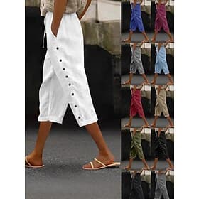 Women's Linen-feel Pants Capri Pants Chinos Summer Shorts Vacation Streetwear Casual Calf-Length Medium Waist Plain Pocket Elastic Waist Comfort Breathable Ine