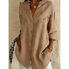 Women's Shirt Linen-feel Shirts Casual Shirt Blouse Patchwork Buttons Plain Stylish Classic Modern Long Sleeve Stand Collar Regular Tops Daily Holiday Going ou