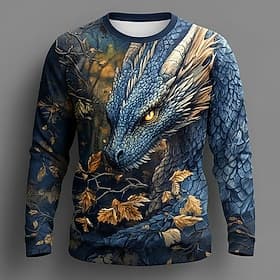 Blue Dragon 3D All Over Print Long Sleeve T Shirt Men Mythical Forest Graphic Tee Fantasy Top Clothing Apparel S M L XL XXL XXXL