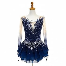 Figure Skating Dress Women's Ice Skating Dress Navy Patchwork Open Back Stretchy Training Competition Skating Wear Classic Crystal / Rhinestone Long Sleeve Ice