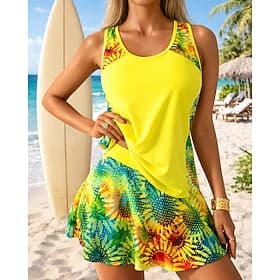Women's Bathing Suit Tankini 2 Pieces Tropical Quick Dry Elastic Sleeveless Swimwear Swimsuit Surfing Beach Swimming Summer