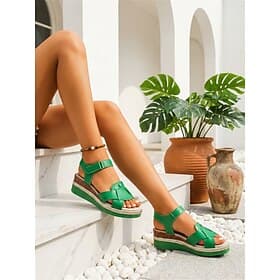 Women's Green Platform Wedge Sandals with Velcro Ankle Strap – Comfortable Sporty Summer Shoes for Outdoor Resorts, Beach Vacation, and Travel