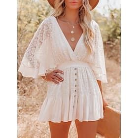 Women's Mini Dress Lace Dress White Dress Fashion Modern Outdoor Vacation Going out Regular Fit Plain 3/4 Length Sleeve V Neck Blue Light Pink Black White Summ