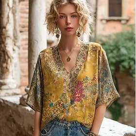 T-shirts femme effet lin, style bohème, imprimé floral, vintage, élégant, classique, manches courtes, col V, coupe droite, parfaits pour le quotidien, le week-