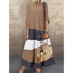 Women's Color Block Boho Dress V Neck Maxi Dress Vintage Ethnic Bohemian Half Sleeve Summer Spring  S M L XL XXL XXXL XXXXL XXXXXL