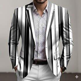 Men's Stripe Blazer Jacket Coat Comfortable Breathable Artistic Casual Casual Daily Party Evening Wear 3D Print Buttons Multi Pocket Fall Winter Spring Notch