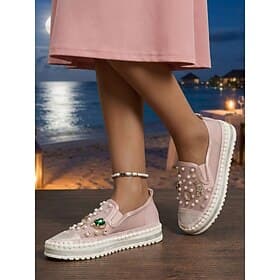 Women's Pearl Embellished Wedding Sneakers - Elegant Slip-On Bridal Shoes with Rhinestones for Beach Brides