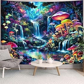 Trippy Mushroom Tapestry Fantasy Forest Waterfall Wall Hanging Psychedelic Magic Nature Landscape for Bedroom Living Room Yoga Meditation Decor