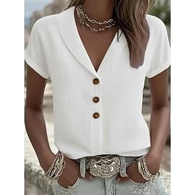 Femmes Chemise 100% Coton Chemisier Boutons Uni Élégant Classique Moderne Manche Courte Col en V Hauts Réguliers Quotidien Fête Sortir Blanche Été Printemps