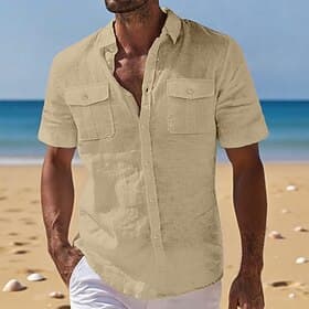 Herren Hemd Leinenhemd Sommerhemd Strandbekleidung Cargohemd Einfarbig Lässig Urlaub Schwarz Weiß Marineblau Himmelblau Kurzarm Revers Sommer Frühling Bekleidu