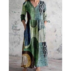 Women's Midi Dress Shirt Dress Casual Dress Boho Dress Fashion Classic Modern Daily Outdoor Vacation Regular Fit Geometric Long Sleeve V Neck Green Summer Spri