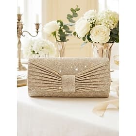 Women's Elegant Evening Clutch Bag, Polyester Shimmer Pleated Design with Chain Shoulder Strap, Multi-Color Formal Handbag for Weddings, Receptions  Dinner Par