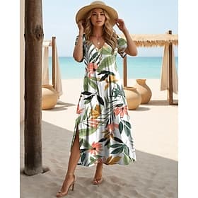 Women's Midi Dress A Line Dress Summer Dress Vacation Casual Beach Regular Fit Floral Graphic Short Sleeve V Neck Light Brown Green Summer Spring