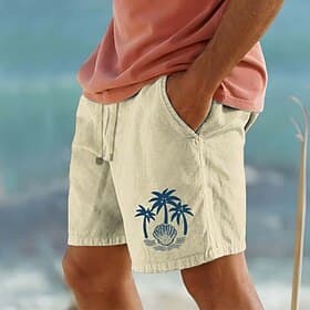Men's Coconut Tree Shell Tropical Plants Shorts Beach Shorts Cotton Shorts Mid Waist Hawaiian Casual Daily Beach Holiday Side Pockets Elastic Drawstring Waist