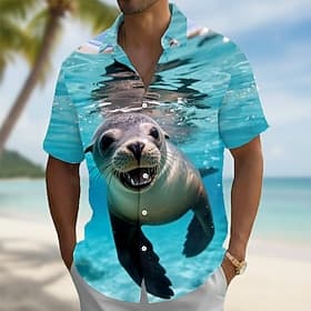 Men's Animal Hippopotamus Seal Summer Hawaiian Shirt Button Up Shirt Aloha Shirt Short Sleeve Funny Vacation Beach Wear Summer Spring Turndown 3D Print Collare