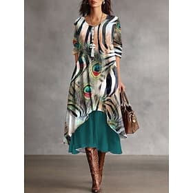 Women's Midi Dress Shift Dress Casual Holiday Regular Fit Graphic Abstract Long Sleeve Crew Neck Yellow Red Green Summer Spring Winter