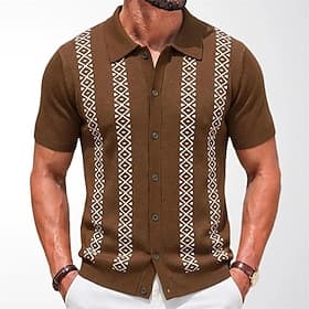 Voor heren Overhemd Normaal shirt Overhemd met knopen Jacquard overhemd Zwart Marineblauw Bruin Korte mouw Effen Overhemdkraag Casual Dagelijks Voorvak Kleding