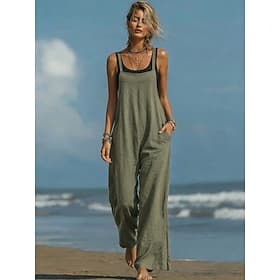 Women's Normal Jumpsuit Active Solid Color Sleeveless Wide Leg Square Neck Daily Beach Loose Fit Army Green Summer