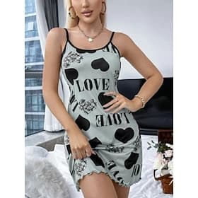 Women's Nightgown Casual Comfort Heart LOVE Daily Home Sleeveless Straps Blue Black Yellow Pink Red Summer Spring Regular Fit