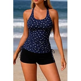 Women's Swimwear Tankini 2 Piece Shorts Swimsuit Tummy Control High Waist Slim Backless Vacation Beach Wear Floral U Neck Sleeveless Bathing Suits