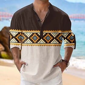 Men's Geometric Aztec Tribal Shirt Button Up Shirt Henley Shirt Long Sleeve Vintage Retro Casual Vacation Summer Spring Mandarin Collar Standing Collar 3D Prin