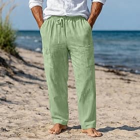 Men's Linen Pants Trousers Summer Pants Baggy Pants Drawstring Pocket Elastic Waist Plain Comfort Breathable Full Length Casual Daily Holiday Vacation Fashion