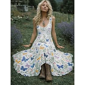 Damen Midikleid Boho-Kleid Freizeitkleid Schwingkleid Sommerkleid Vintage Strand Normale Passform Blumen Grafik Ärmellos Rundhalsausschnitt Schwarz Weiß Gelb P