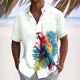 Men's Parrot Tropical Plants Flowers Summer Hawaiian Shirt Button Up Shirt Aloha Shirt Short Sleeve Hawaiian Casual Vacation Summer Spring Turndown 3D Print Co
