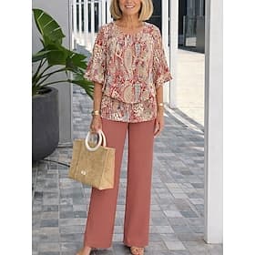 Femmes Ensembles de Pantalons Demi Manches Papillon Col rond Graphique Paisley Élégant Vacances Occasionnel Quotidien Bleu Rose Claire Orange Printemps  Été